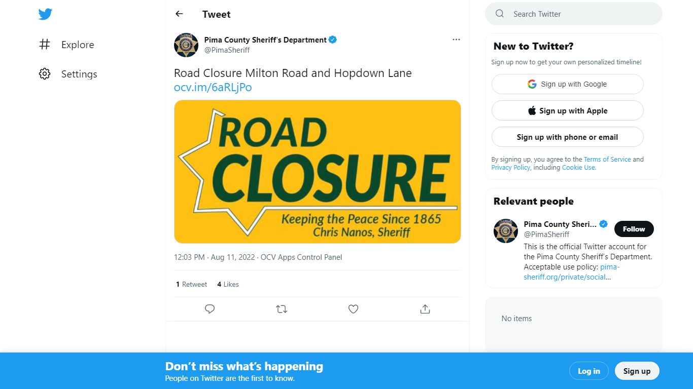 Pima County Sheriff's Department on Twitter: "Road Closure Milton Road ...